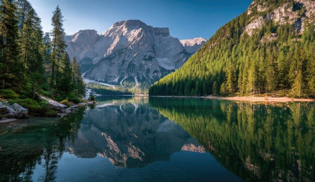 Serene mountain lake reflects towering peaks and lush pine forests under a blue sky