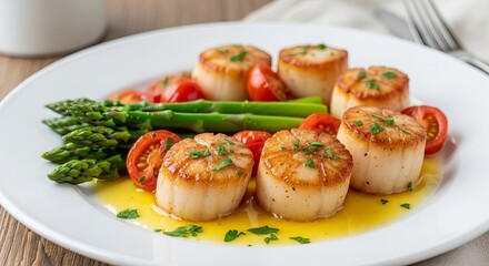 Delicious Seared Scallops with Asparagus and Tomatoes Gourmet Dish Featuring Perfectly Cooked Scallops Served with Fresh Asparagus and Juicy Tomatoes in White Plate