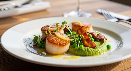 Seared Scallops with Bacon and Pea Puree Delicious Food Presentation Featuring Perfectly Cooked Scallops Garnished with Fresh Herbs and Crispy Bacon with Restaurant Ambiance