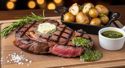 Delicious ribeye steak served with roasted potatoes, pesto and herb butter on rustic wooden cutting board is perfect gourmet meal for dinner preparation exactly two hundred characters