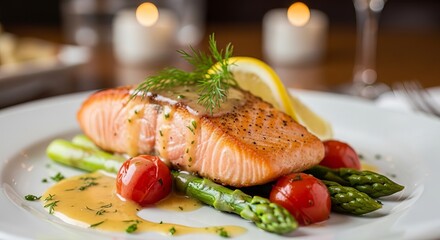 Perfectly seared salmon with asparagus, cherry tomatoes and lemon wedge on white plate create delicious and nutritious meal is ideal exactly two hundred characters