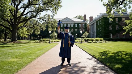 Proud Senior Man Celebrates University Graduation Day on Campus.