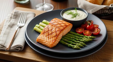Seared salmon served with asparagus and tomatoes gourmet dish featuring creamy sauce food photography restaurant cuisine fresh dill garnish elegant plating culinary art