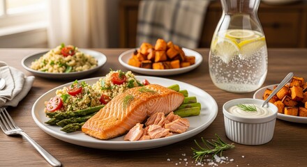 Salmon and asparagus accompanied by couscous salad and roasted sweet potatoes nutritious meal with grilled fish balanced diet and lemon water food photography