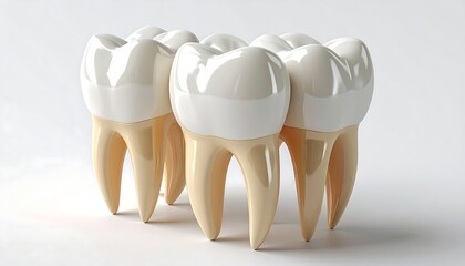 A group of anatomical teeth with white enamel and yellowish roots stand in a line against a white background