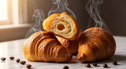 Aromatic Breakfast with Hot Croissants and Coffee