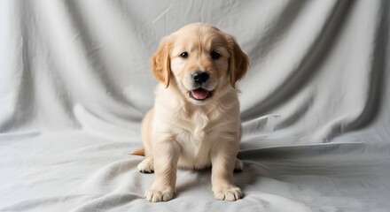 Adorable golden retriever puppy sitting and looking at the camera on a light background