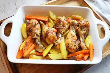 Roasted chicken legs with vegetables in white pan