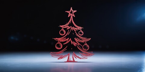 Red sketched Christmas tree stands luminously upon reflective blue surface in festive setting