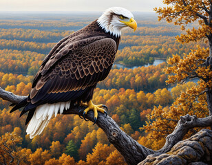Majestic bald eagle perched on branch overlooking an autumnal forest. Symbol of freedom, strength. Use for nature, wildlife, patriotic themes, or leadership concepts.