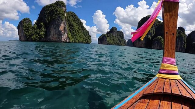 Paradise on Water: The prow of a traditional boat cuts through the tranquil turquoise sea, leading the eye toward the distant, majestic rock formation islands under a sky painted with puffy clouds.  