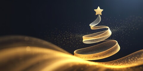 Golden ribbon spirals upward, forming a stylized Christmas tree with star atop a dark background