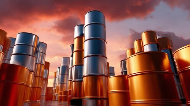 Golden Barrels and Fiery Sky: An eye-level shot captures a multitude of oil barrels, stacked high against the backdrop of a dramatic, fiery sunset, portraying industry and resources.