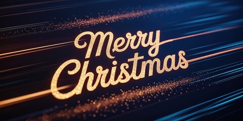 Golden Merry Christmas lettering sparkles over radiant blue streaks against a deep dark background