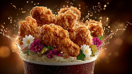 Crispy Fried Chicken Pieces with Garnish and Splashing Liquid