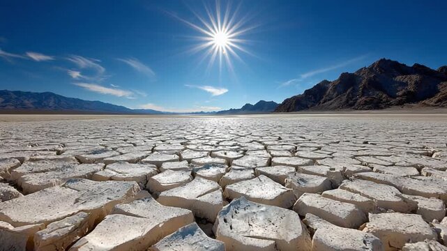 Cracked Earth Under the Sun's Gaze: A stark landscape reveals the raw power of nature. Dry cracked earth stretches to the horizon under a vast, cloudless sky.