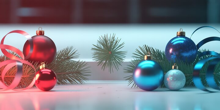 Red and blue Christmas ornaments are arranged with ribbon and pine branch pieces together