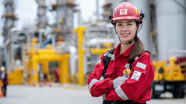 Competent Engineer at Refinery: Confident engineer poses at an industrial site, embodying professionalism and expertise. The backdrop features complex machinery.