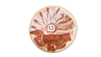 Raw pork slices arranged with smiling fish cake