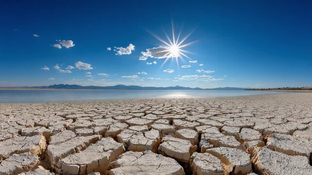 Cracked Earth Under the Sun: A stark portrayal of environmental distress, with a cracked earth landscape under a blazing sun, showcasing the consequences of drought and climate change. 