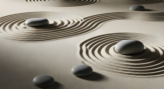 Tranquil zen garden with carefully raked sand and smooth stones evokes peaceful contemplation and mindful meditation. isolated on white background