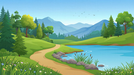 Lush Mountain Valley Landscape With River, Path, And Trees In Bright Sunny Scene © Moral