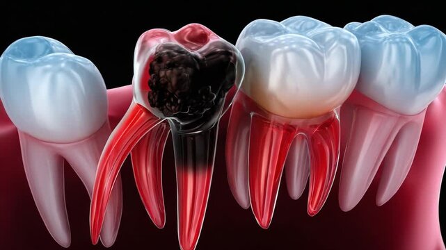 Dental Distress: A detailed image showcasing tooth decay and inflammation. A graphic representation of dental health issues, highlighting the impact of cavities and gum inflammation.