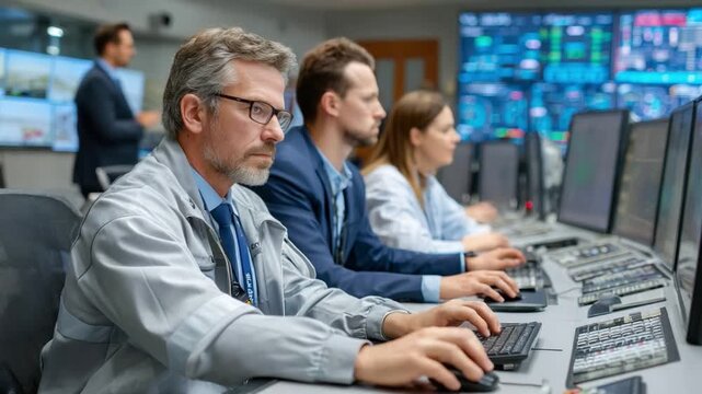 Strategic Control Room: A team of skilled technicians diligently monitor and analyze complex data streams, focused on the seamless operation of technology and systems.