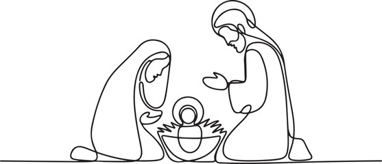 Continuous one line Christmas vector Christian nativity scene of baby Jesus with Mary and Joseph. one line Icon drawing with white background