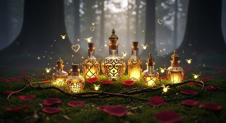 Assortment of ornate glass perfume bottles in a forest setting gold