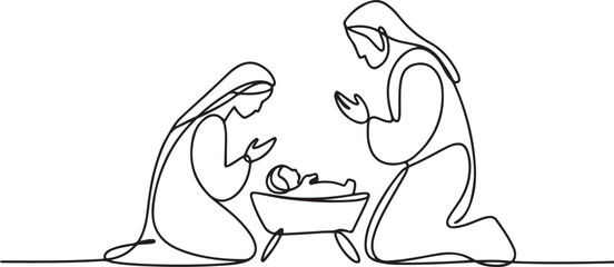 Continuous one line Christmas vector Christian nativity scene of baby Jesus with Mary and Joseph. one line Icon drawing with white background