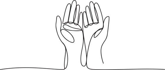 One Line Continuous Drawing of Raising Hands for Dua Pray. Islamic Traditional Prayer Gesture Line Art. one line Icon drawing with white background