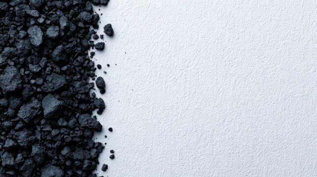 Close-up of black coal fragments in factory industrial standards on clean surface