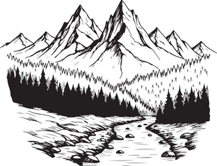 Fototapeta premium Mountain River Scene Graphics