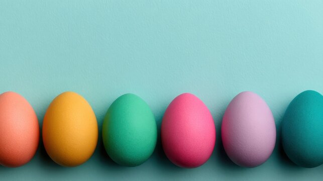 Celebrating easter multicolored eggs display top view on pastel blue background creative art composition