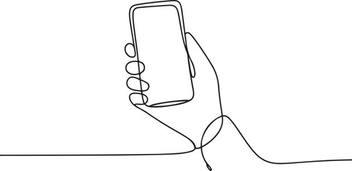 Single continuous line drawing of hand holding phone or smartphone. Modern simple line draw design. one line Icon drawing with white background