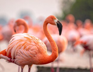 Obraz premium A group of pink flamingos, one in focus, stands amid a blurred flock against a soft, diffused background