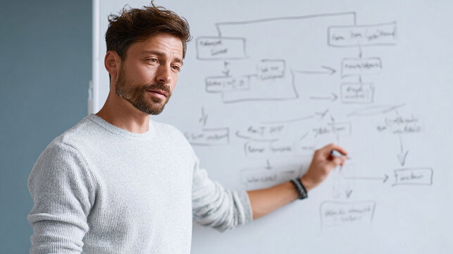 Handsome man presenting strategy on whiteboard. Demonstrates planning, project management. Ideal for teamwork, business, education concepts. Modern  professional.