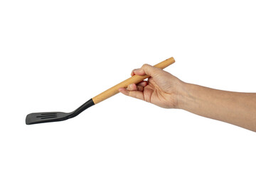 Hand holding kitchen utensils on transparent background
