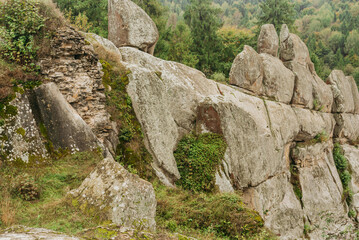 Rocky cliffs and green mountain landscape in the Ukrainian Carpathians &mdash; natural sandstone formations and forest view