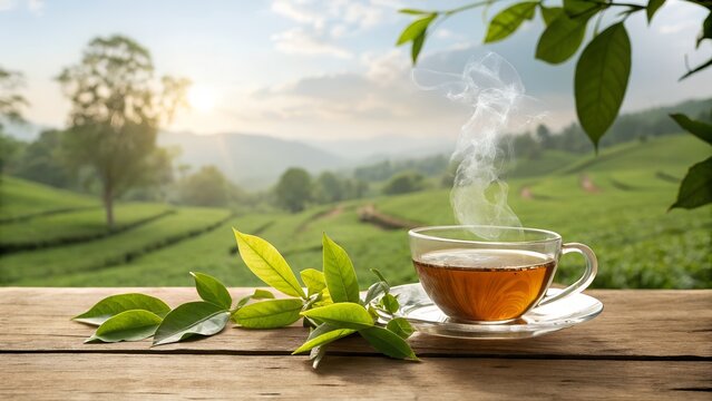 A refreshing cup of tea with tea leaves alongside a natural background photo
