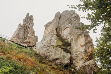 Rock formations of Tustan fortress in the Carpathian Mountains, Ukraine — ancient sandstone cliffs and natural landscape