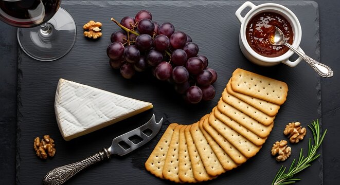 Gourmet Cheese Board with Grapes Walnuts Crackers and Jam red grapes - Powered by Adobe