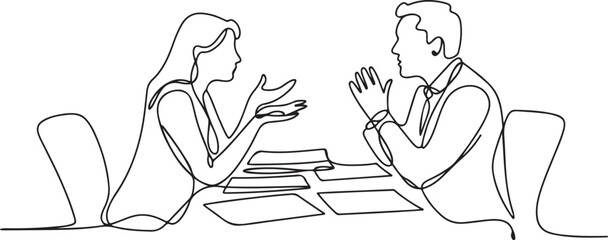 Continuous line drawing of a man and woman angrily arguing across a desk with documents. Concept of workplace disagreement. one line Icon drawing with white background