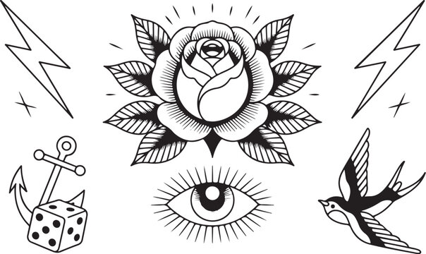 Elegant tattoo flash sheet with rose and swallow