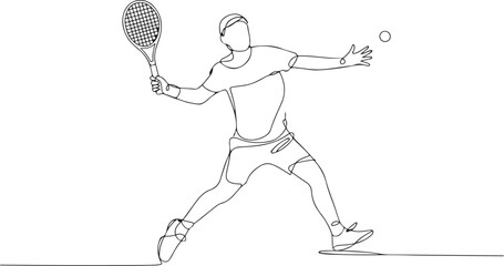 Minimalist line drawing of tennis player mid-air stroke, dynamic motion and athletic expression. one line Icon drawing with white background