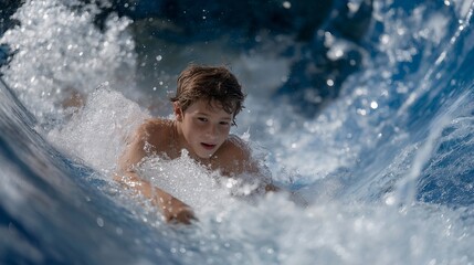 A child sliding down a water park tube slide, splashing into a pool with vivid blue waves — summer fun, aquatic recreation, and family entertainment. cinematic color correction, natural uneven