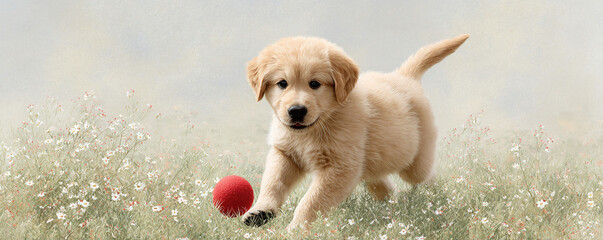 Golden puppy romps in a flower field, chasing a red ball. Symbolizes innocence, joy, and new beginnings. Perfect for pet care, family, or heartwarming themes.