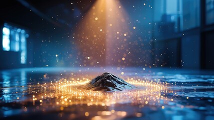 A single mountain peak shines with light on reflective water background scene