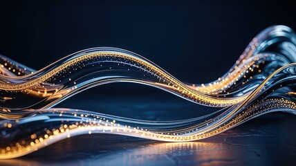 Gold particles flow along the winding, luminous, metallic shapes, showcasing captivating modern technology